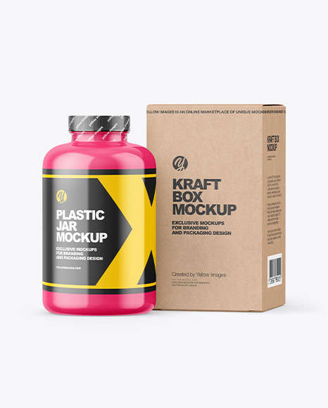 Glossy Plastic Jar with Kraft Box Mockup