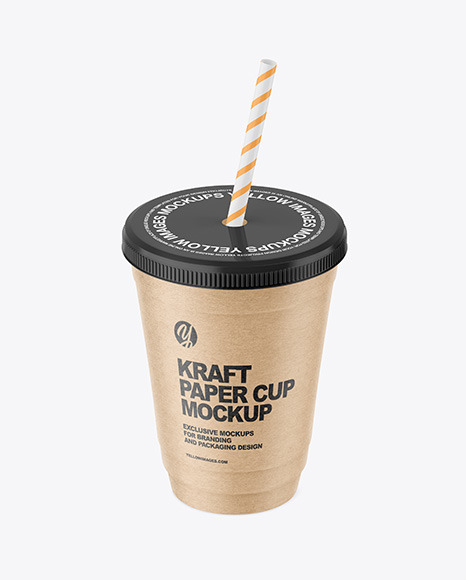 Kraft Paper Cup with Plastic Straw Mockup