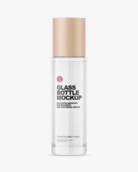 Clear Glass Cosmetic Bottle with Wood Cap Mockup