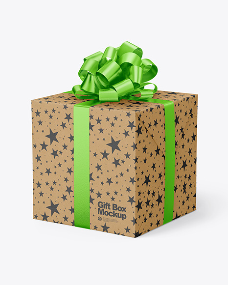 Kraft Gift Box with Glossy Metallic Bow Mockup