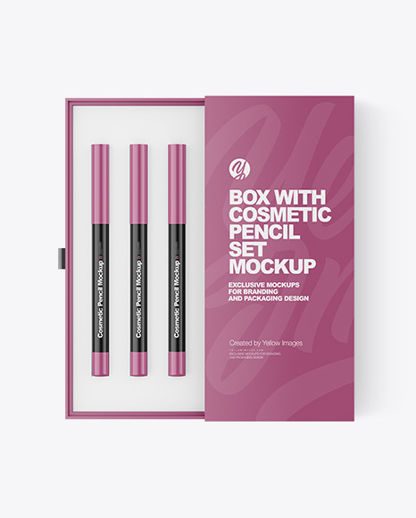 Box with Cosmetic Pencil Set Mockup