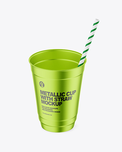 Opened Metallized Coffee Cup with Plastic Straw Mockup