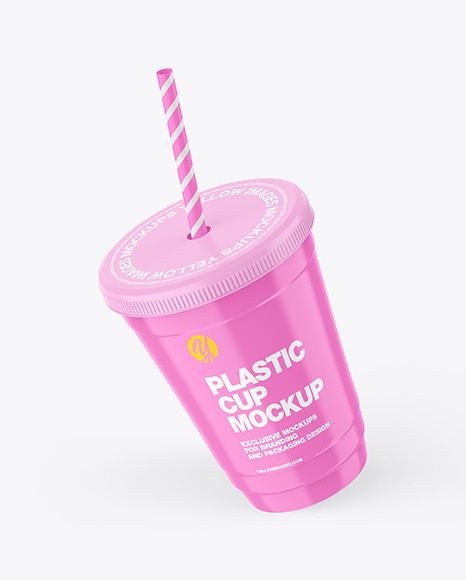 Glossy Plastic Cup with Straw Mockup