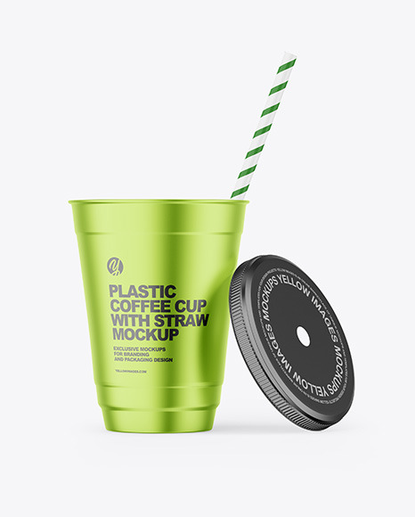 Opened Metallized Coffee Cup with Plastic Straw Mockup