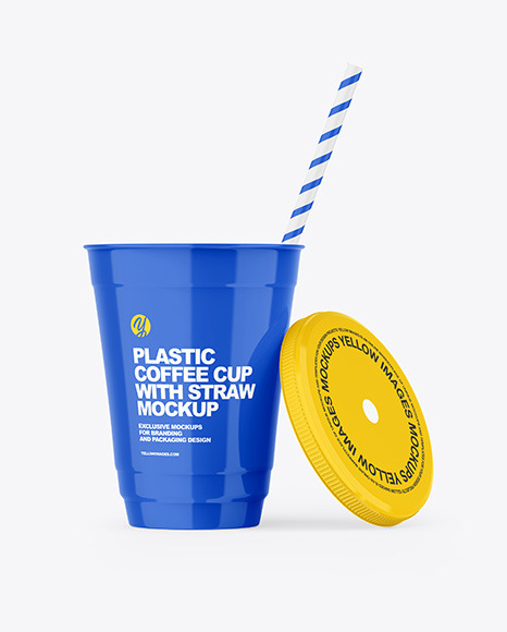 Opened Glossy Plastic Cup with Straw Mockup
