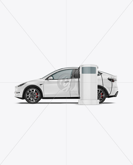 Electric Car on Charging Station Mockup - Side View