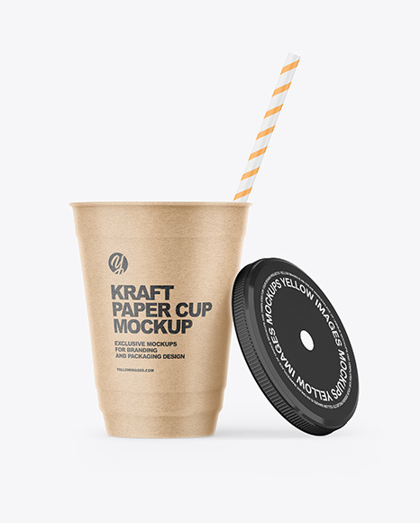 Opened Kraft Paper Cup with Plastic Straw Mockup
