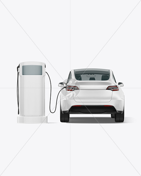 Electric Car on Charging Station Mockup - Back View