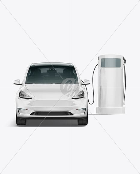 Electric Car on Charging Station Mockup - Front View