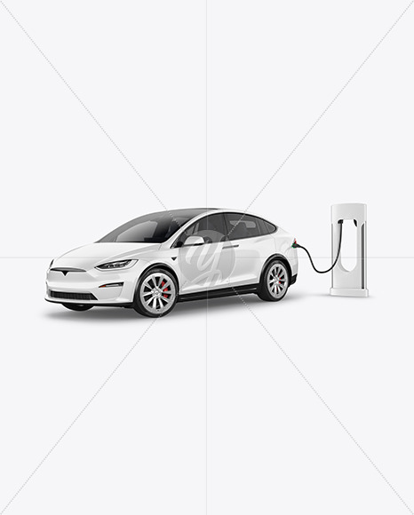 Electric Car on Charging Station Mockup - Half Side View