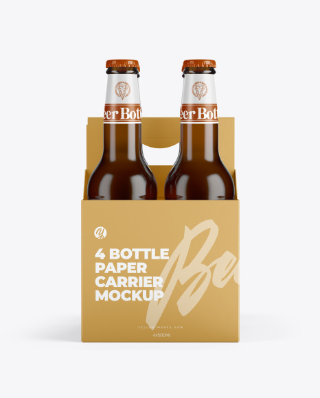 Paper Carrier w/ 4 Amber Beer Bottles Mockup