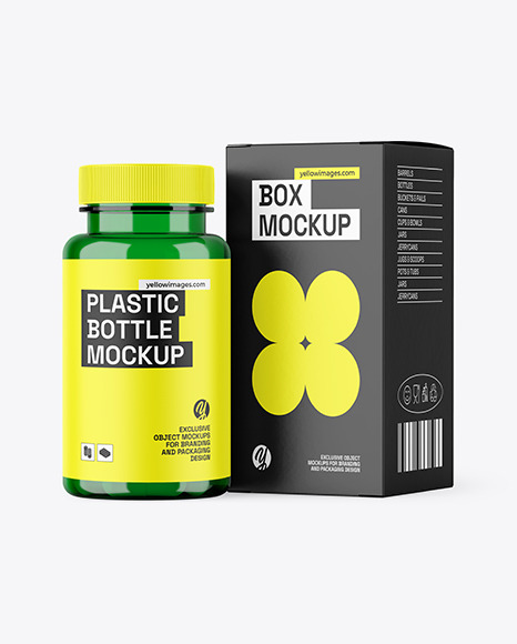 Green Pills Bottle with Box Mockup