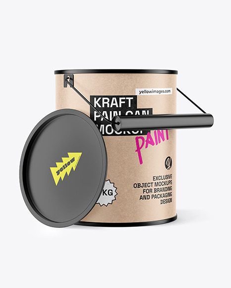 Paint Can w/ Kraft Paper Label Mockup