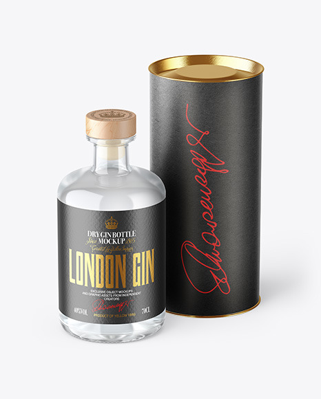 Clear Glass Dry Gin Bottle with Kraft Tube Mockup