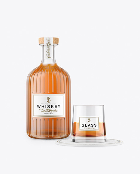 Whiskey Bottle With Glass Mockup