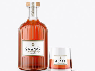 Cognac Bottle With Glass Mockup