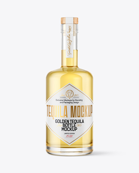 Clear Glass with Golden Tequila Bottle Mockup