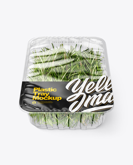 Plastic Tray w/ Organic Rosemary and Transparent Film Cover Mockup