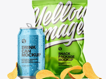 Glossy Metallic Drink Can w/ Drops and Chips Bag Mockup