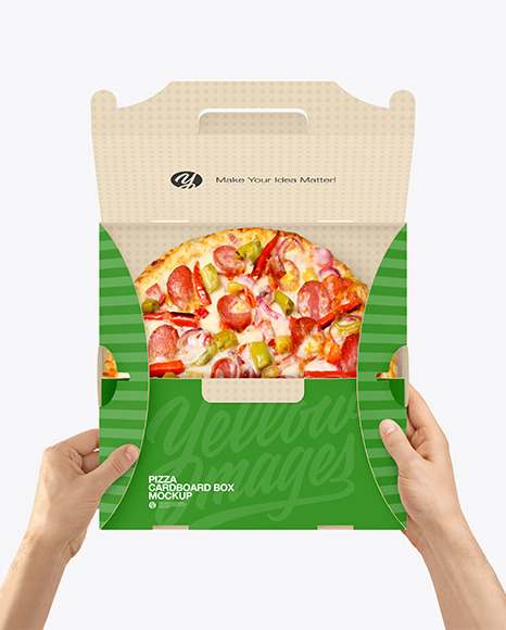 Opened Cardboard Box w/ Pizza In Hands Mockup