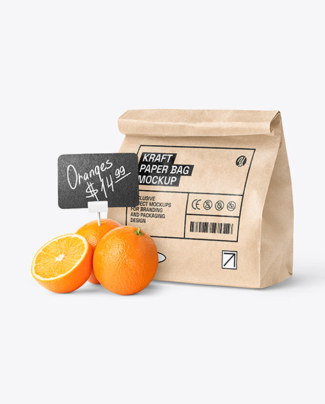 Kraft Bag With Oranges & Price Tag Mockup