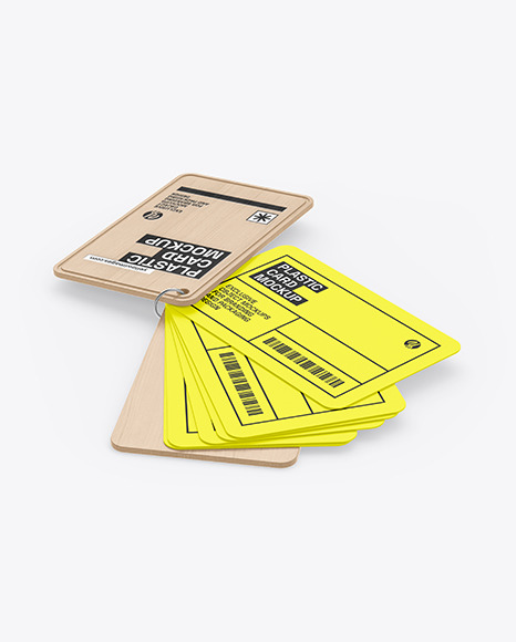 Plastic Cards Stack w/ Wooden Tag Mockup