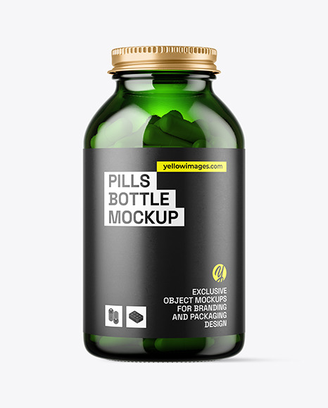 Green Glass Pills Bottle Mockup