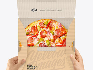 Opened Kraft Box w/ Pizza In Hands Mockup