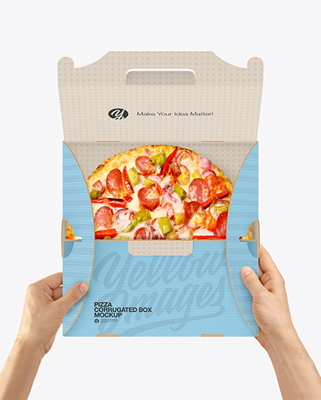 Opened Corrugated Box w/ Pizza In Hands Mockup