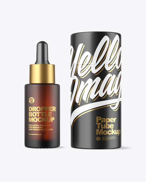 Frosted Amber Glass Dropper Bottle With Paper Tube Mockup