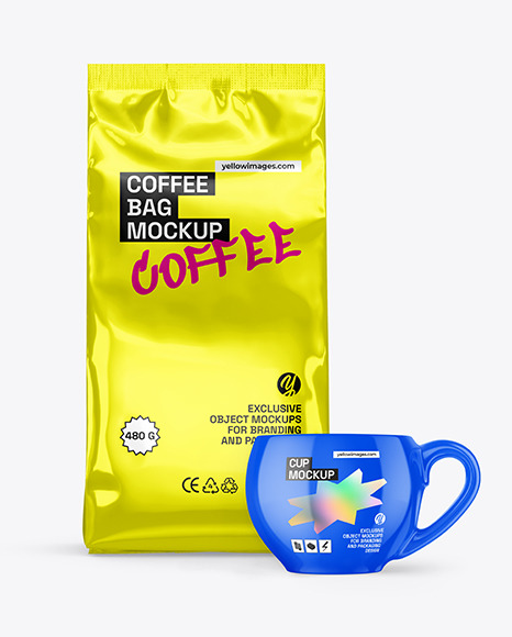 Glossy Metallic Coffee Bag with Cup Mockup