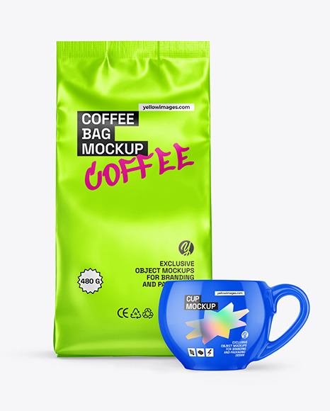 Matte Metallic Coffee Bag with Cup Mockup