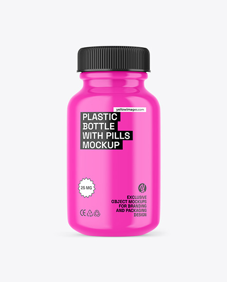 Glossy Plastic Bottle with Pills Mockup