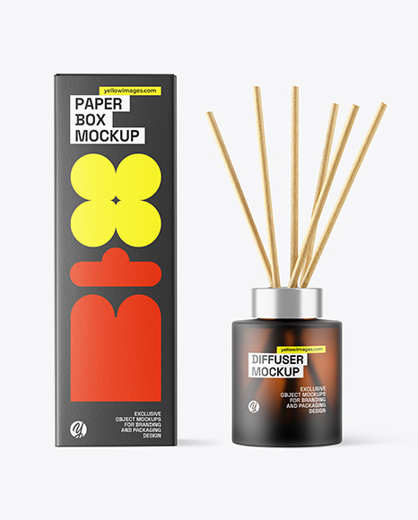 Frosted Amber Glass Diffuser Bottle w/ Box Mockup