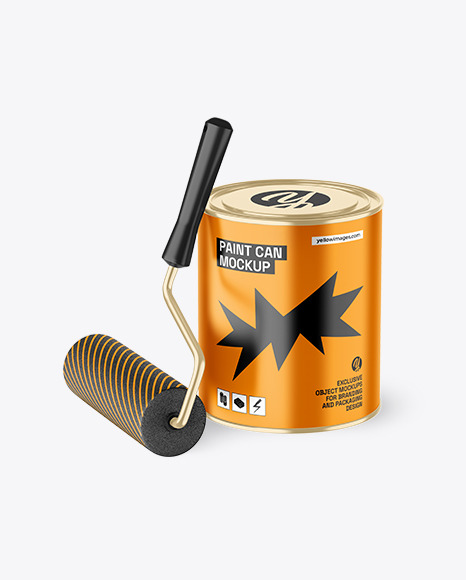 Metallic Paint Can With Roller Mockup