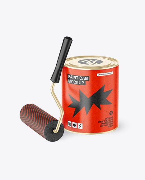 Paint Can with Kraft Finish & Roller Mockup
