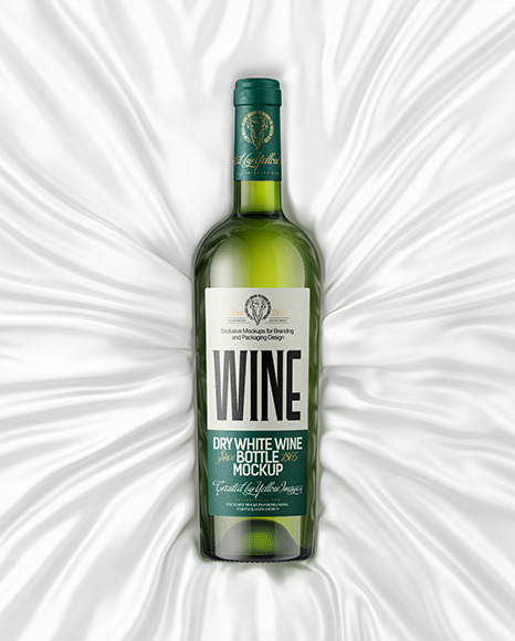 Green Glass White Wine Bottle Lying on a Silk Cloth Mockup