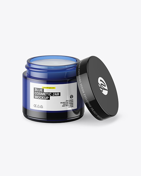 Opened Dark Blue Glass Cosmetic Jar Mockup | PSD Templates