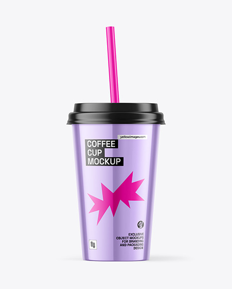 Glossy Metallized Coffee Cup with Straw Mockup