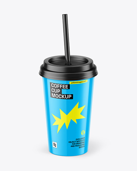 Glossy Coffee Cup with Straw Mockup