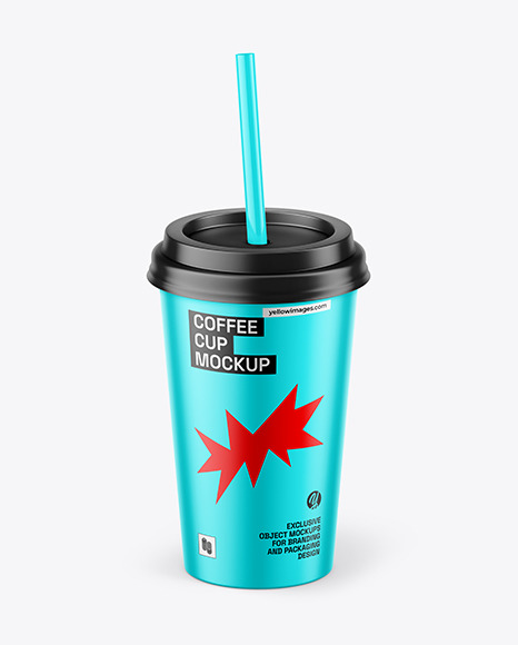 Matte Metallized Coffee Cup with Straw Mockup
