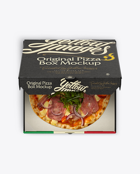 Pizza in Half-open Cardboard Box Mockup (High-Angle Shot)