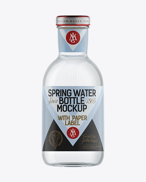 Clear Glass Spring Water Bottle with Paper Label Mockup