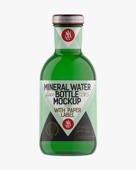 Green Glass Mineral Water Bottle with Paper Label Mockup