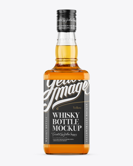 Glass Bottle W/ Whiskey Mockup - Front View