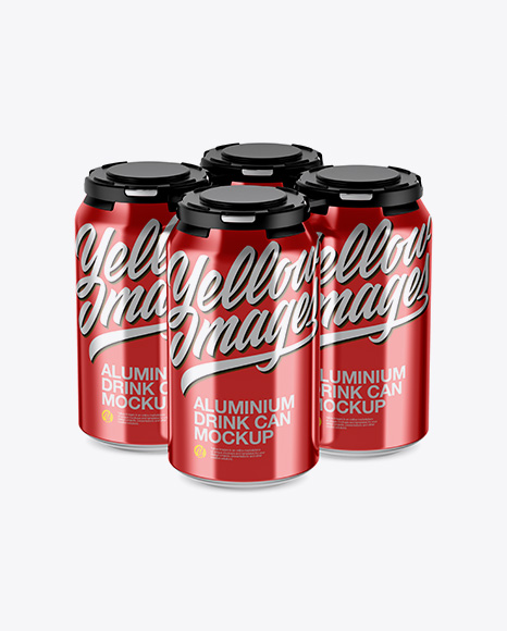 Pack of 4 Metallic Cans with Plastic Holder Mockup - Half Side View