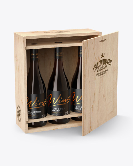 Wooden Box with White Wine Amber Bottles Mockup