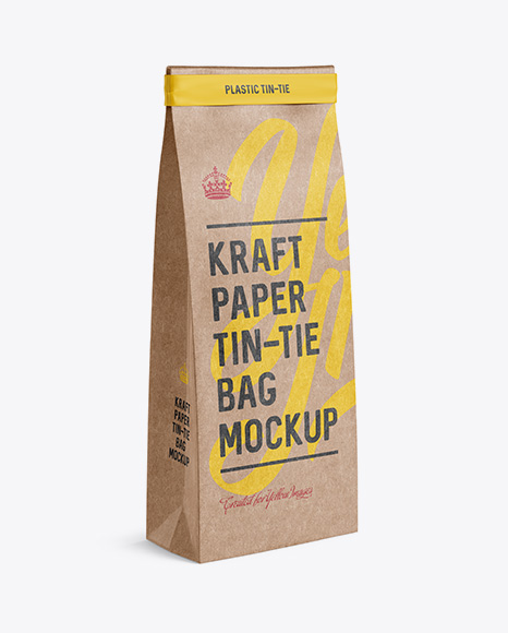 Kraft Paper Bag w/ a Plastic Tin-Tie Mockup - Halfside View