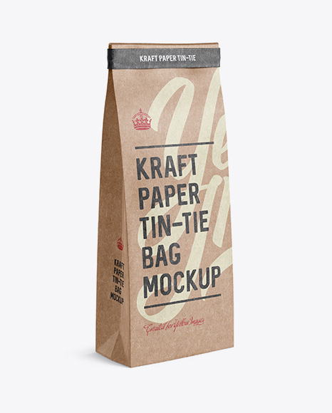Kraft Paper Bag w/ a Kraft Paper Tin-Tie Mockup - Halfside View