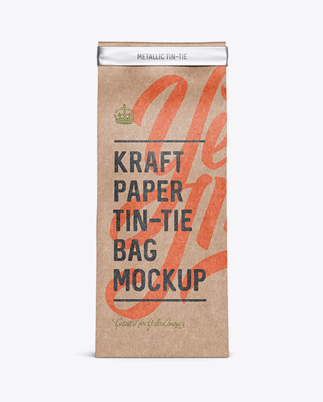 Kraft Paper Bag w/ a Metallic Paper Tin-Tie Mockup - Front View